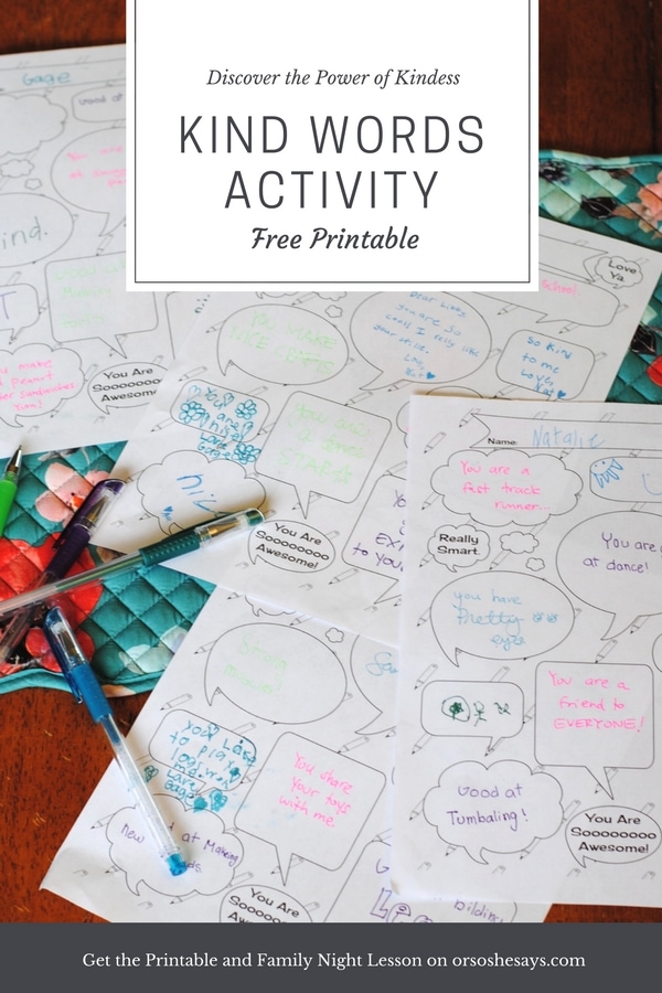 This Free Printable Kind Words Activity Sheet is perfect for a Family Night Lesson! www.orsoshesays.com #FHE #MyChurch #FamilyNight #Kindness #KindWords #FamilyActivity