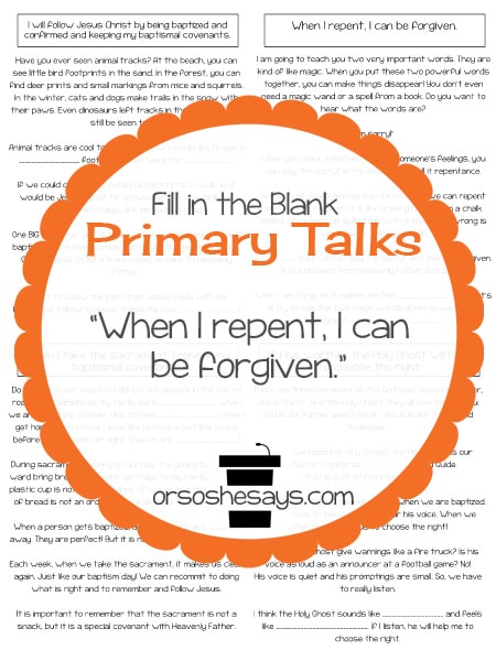 Help your child present a quality talk about Baptism and the Holy Ghost with one of these four unique printable LDS Primary Talk templates. #LDSPrimaryTalks #LDS #Primary #talks #LDSBlogger #primarytalk #primaryprintable #baptism #sacrament #holyghost www.orshesoshesays.com