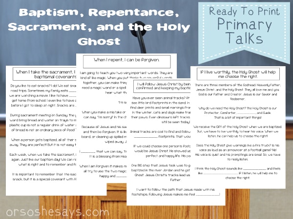 Help your child present a quality talk about Baptism and the Holy Ghost with one of these four unique printable LDS Primary Talk templates. #LDSPrimaryTalks #LDS #Primary #talks #LDSBlogger #primarytalk #primaryprintable #baptism #sacrament #holyghost www.orshesoshesays.com