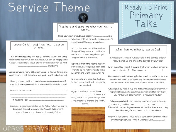 Service themed printable primary talks for you to download and enjoy! Make speaking in LDS primary class easy and fun. #LDS #orsoshesays.com #Service #printables #children
