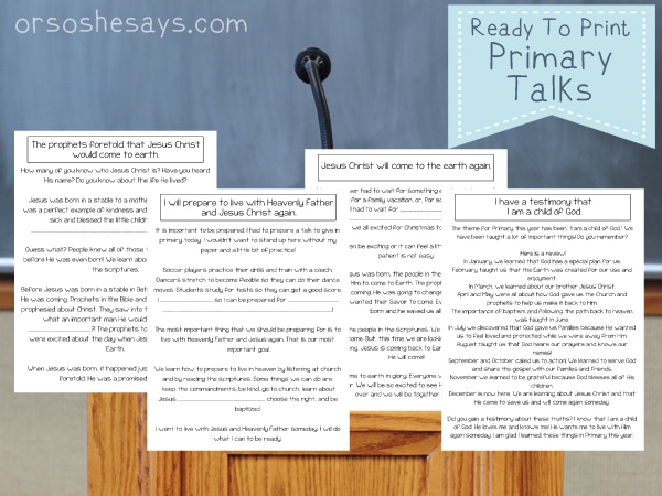 Use these printable Primary Talks about Jesus for when your child is assigned to talk in Primary School. There are four topics about Christ to choose between. #LDS #OSSS #Primary #Jesus #ChildrensTalk #Christmas #SecondComing www.orsoshesays.com