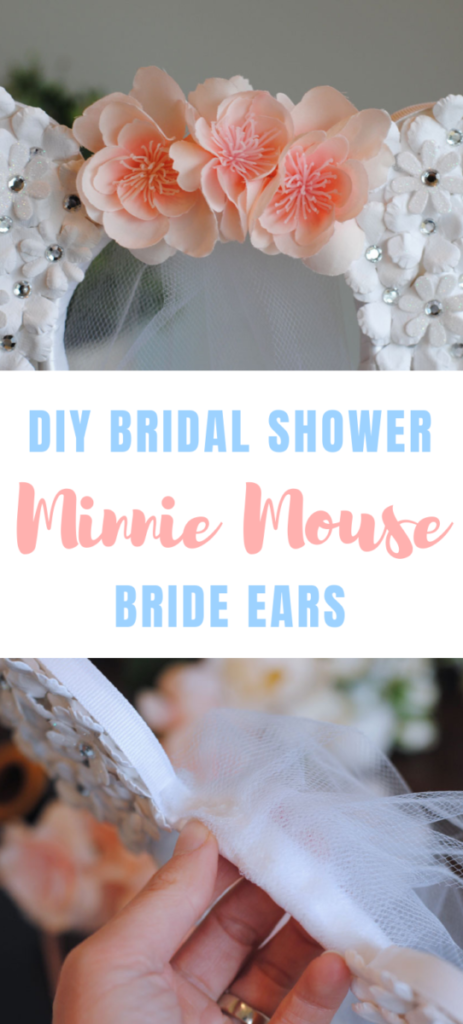 These Bride Minnie Mouse Ears are a perfect choice if you're looking a Disney themed bridal shower idea, or are celebrating your nuptials at the Disneyland Resort. www.orsoshesays.com #bridalshowerideas #bridalshower #brideminniemouseears #brideears #minniemouse #mouseears #DIY #disney #OSSSdoesdisney