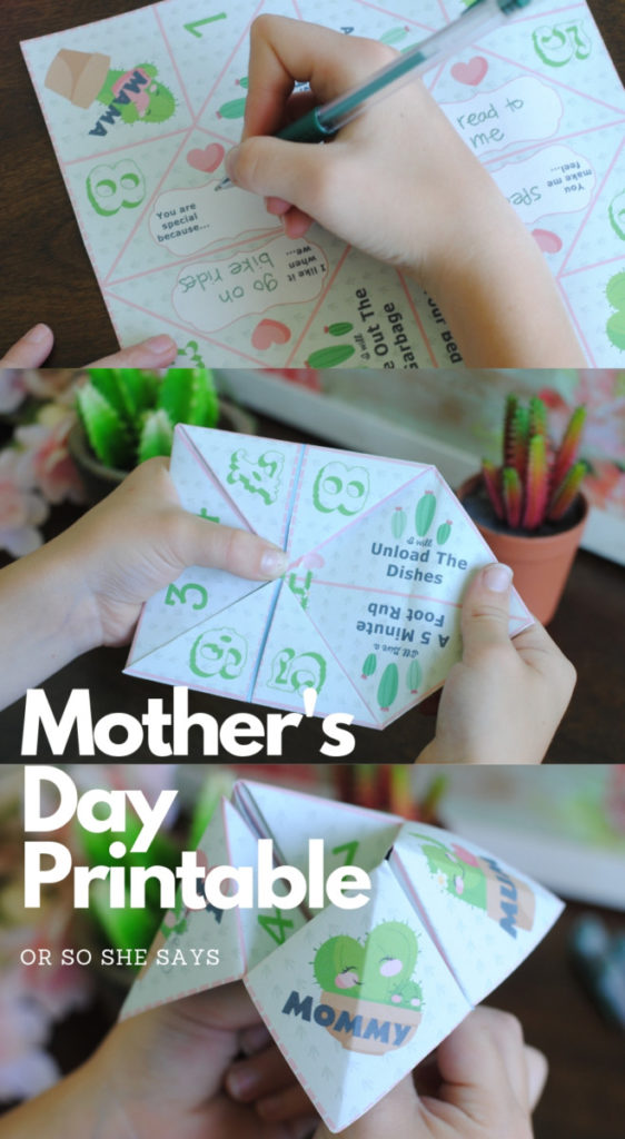 Use this free Mother's Day printable to make a fortune teller gift for the special Mom in your life. This is a great activity for a school or church group! Print, fold, and play! #OSSS #MothersDay #Printable #Cactus #LoveNote #MomCraft www.orsoshesays.com