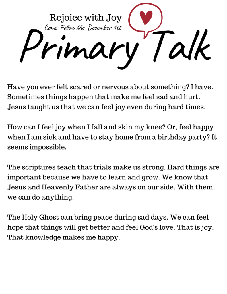 Come Follow Me Primary Talk Pages for Children. This talk is about how we can rejoice with joy even during hard times. #OSSS #Joy #ComeFollowMe #Peace #Primary Talk