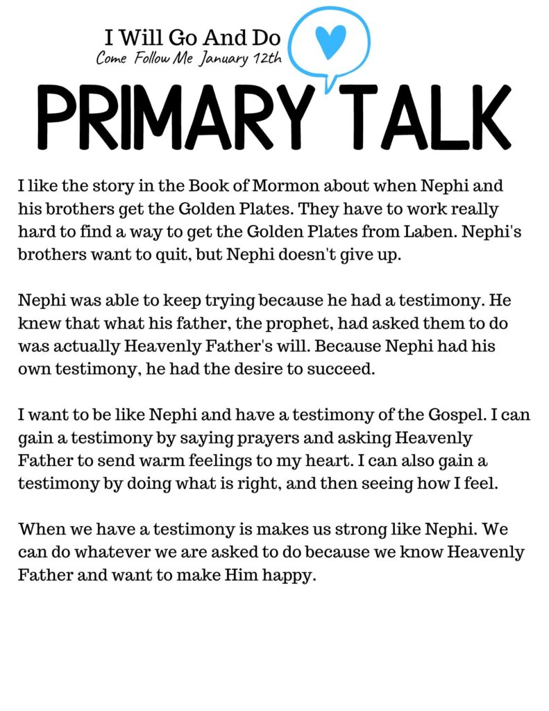 Book of Mormon Primary Talk Template about being like Nephi. Why we need a testimony of the Gospel. #BookofMormon #PrimaryTalk #GoAndDo #Nephi #OSSS