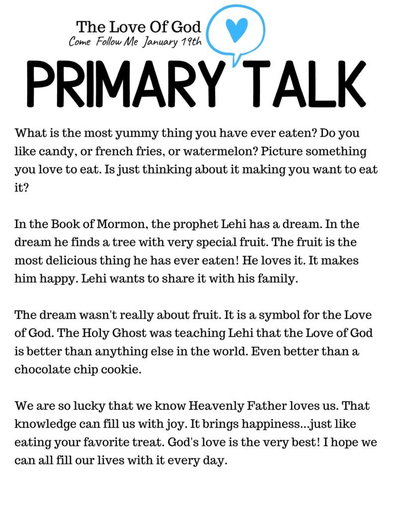 Primary Talk Template for a lesson on The Love Of God. This simple message teaches about how much God loves each child. #OSSS #PrimaryTalk #LoveofGod #BookofMormon #ComeFollowMe