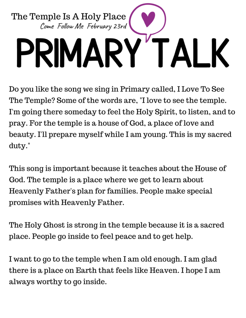 Printable Primary Talk about how the temple is a holy place and the purpose of going inside someday. #Temple #OSSS #ComeFollowMe #PrimaryTalk