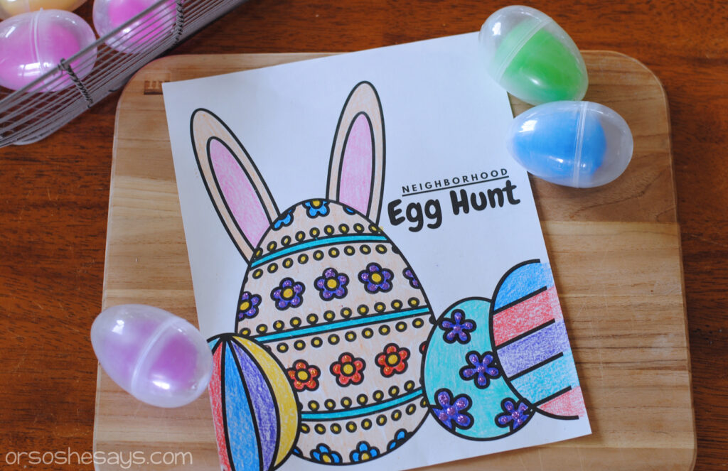 Decorated Neighborhood Easter Egg Hunt printable. Host a fun Easter Egg Hunt during Social Distancing.