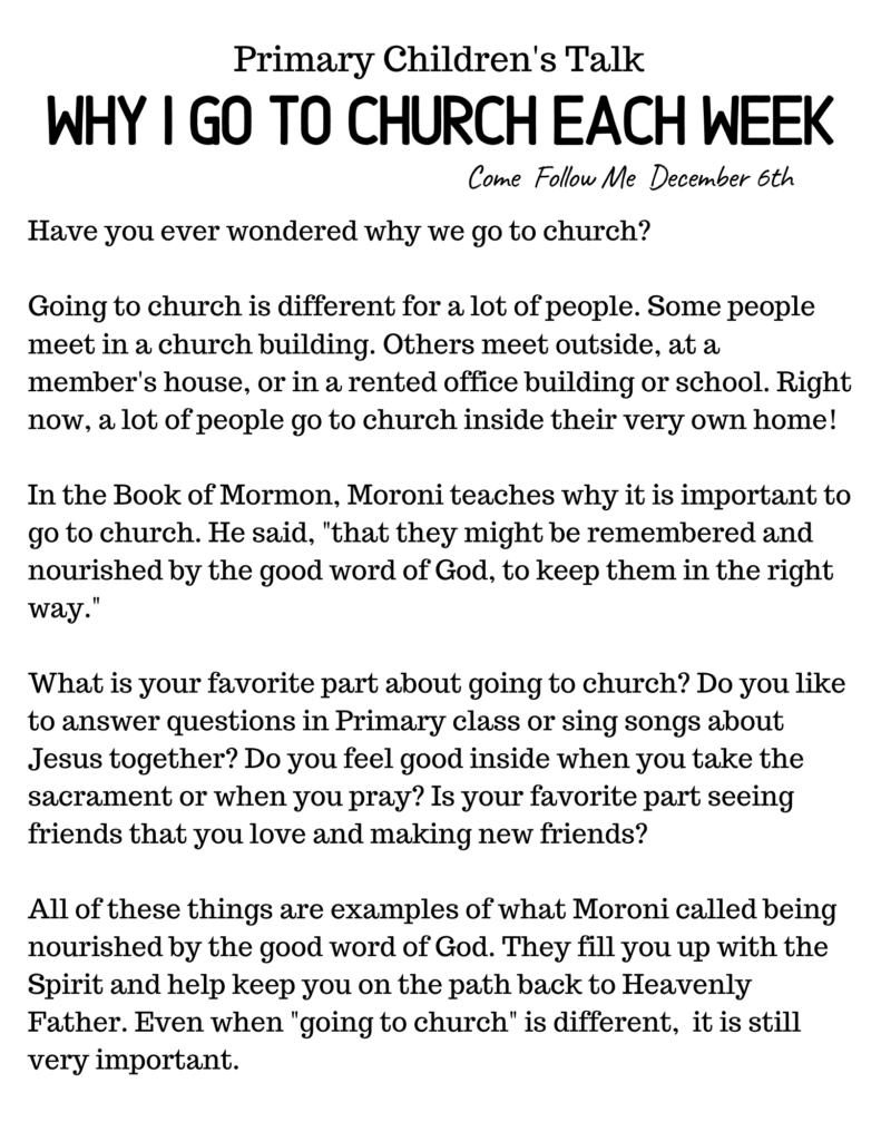 This simple downloadable Primary Talk explains the importance of going to church each week. #OSSS #PrimaryTalk #Church #ComeFollowMe