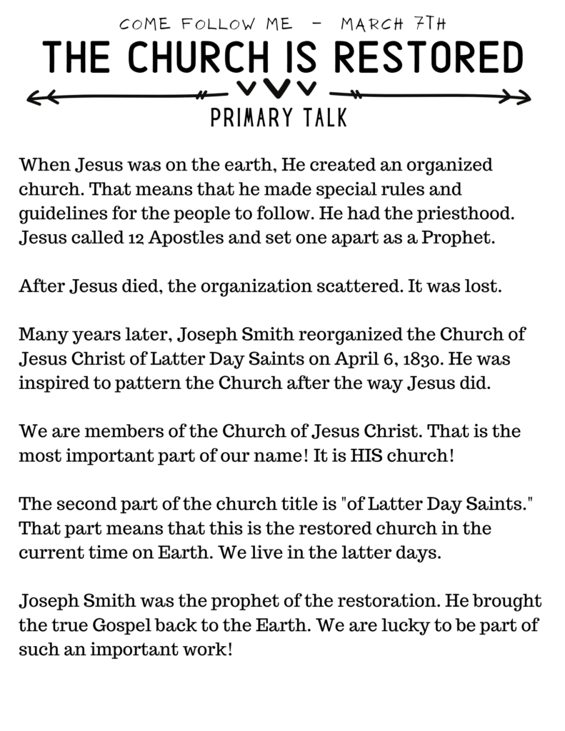 Primary Talk about the Church being restored to the earth. #OSSS #JosephSmith #LDS #ComeFollowMe #Jesusu