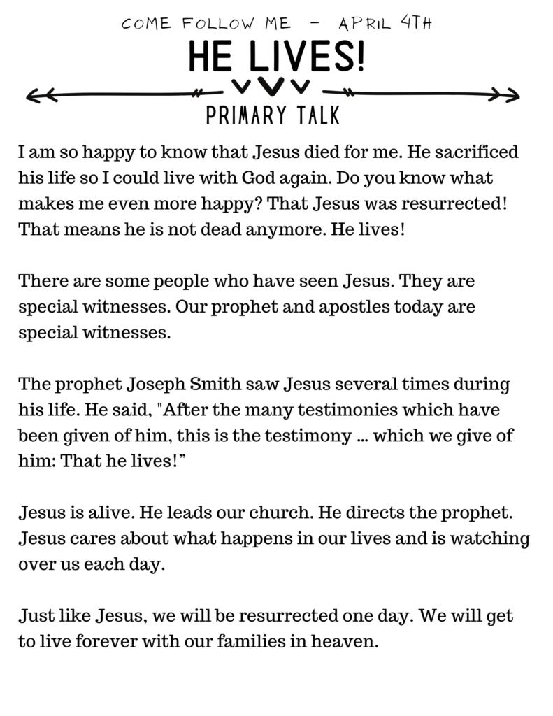 Primary Talk about Easter. He lives! Download and use this talk for Primary lessons or for home gospel study. #OSSS #Easter #HeLives #Jesus #PrimaryTalk