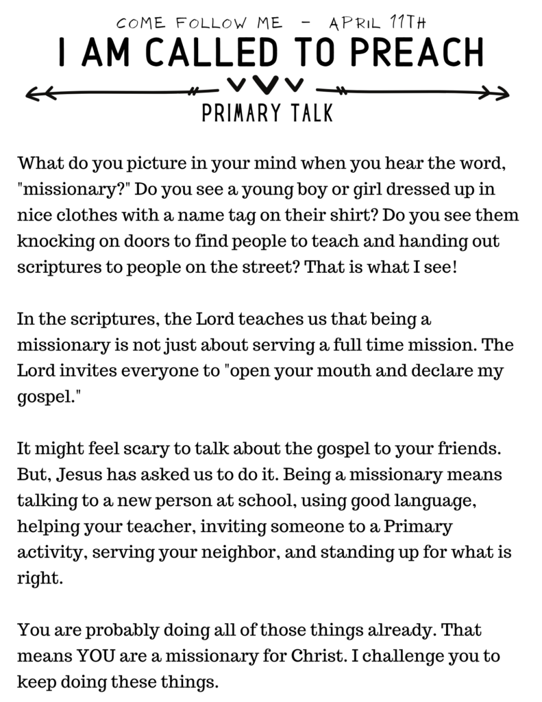 I Am Called To Preach. A primary talk about being a missionary now. #OSSS #ComeFollowMe #MissionaryWork #PrimaryTalk