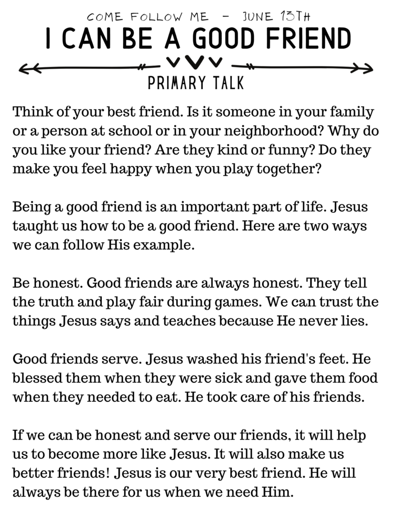 Children's Primary Talk for Come Follow Me Topic I Can Be A Good Friend #OSSS #ComeFollowMe #Friendship #Jesus #PrimaryTalk