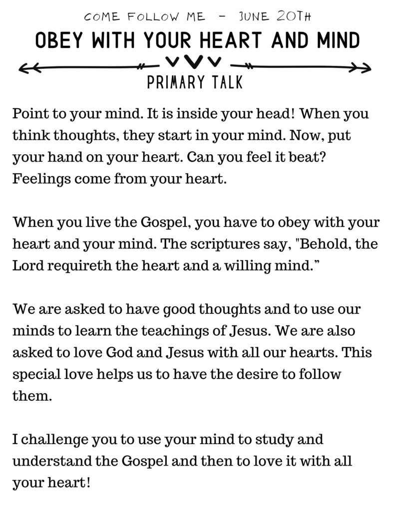 Simple Children's Primary Talk about Obeying with Your Heart and Mind. #ComeFollowMe #OSSS #PrimaryTalk #Heart #Mind #Jesus