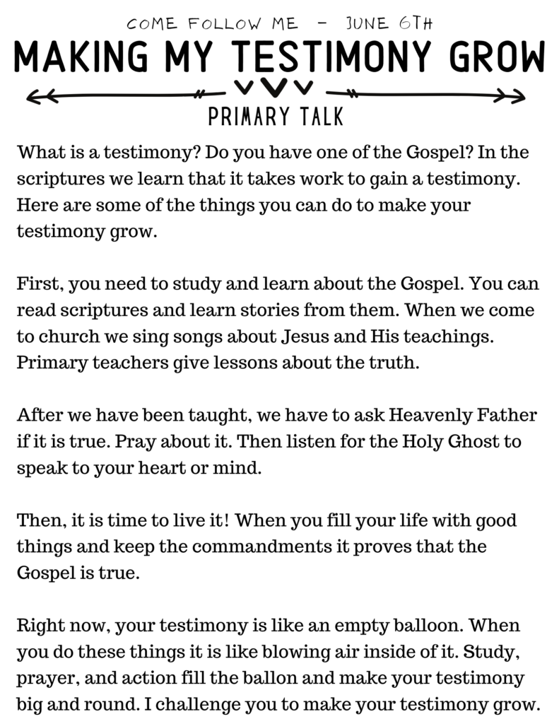 Primary Talk for Come Follow Me #Testimony #OSSS #ComeFollowMe