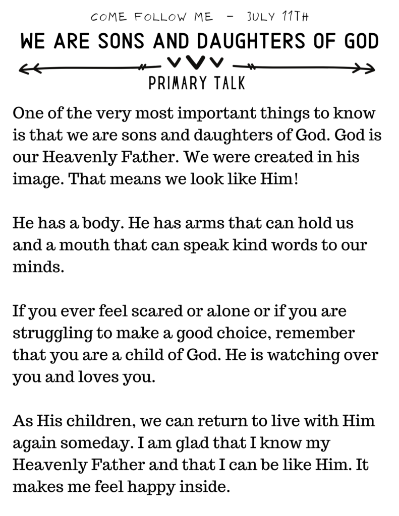 Primary Talk We are Sons and Daughters of God. Come Follow Me July Topics. #OSSS #ComeFollowMe #PrimaryTalk