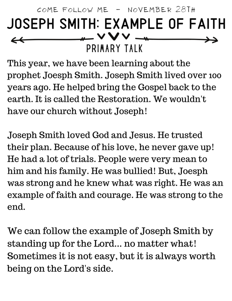 Primary Talk: Joseph Smith is an example of faith. #OSSS #PrimaryTalk #JosephSmith #ComeFollowMe #Faith