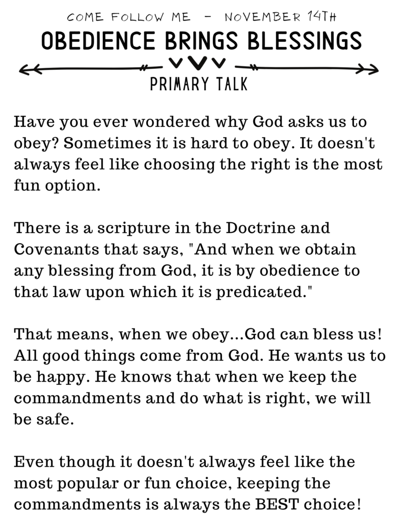 Primary Talk: Obedience Brings Blessings. #OSSS #PrimaryTalk #ComeFollowMe #Obey