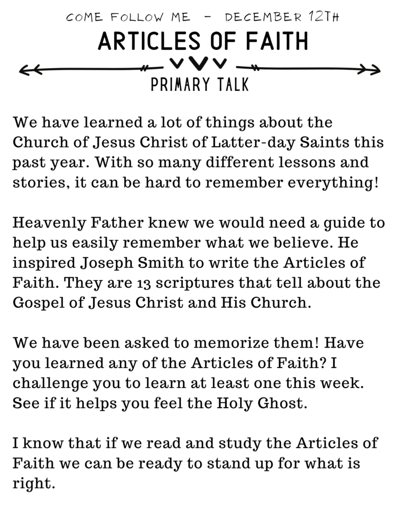 Primary Talk about the importance of the Articles of Faith. #ComeFollowME #OSSS #PrimaryTalk #Jesus #WeBelieve