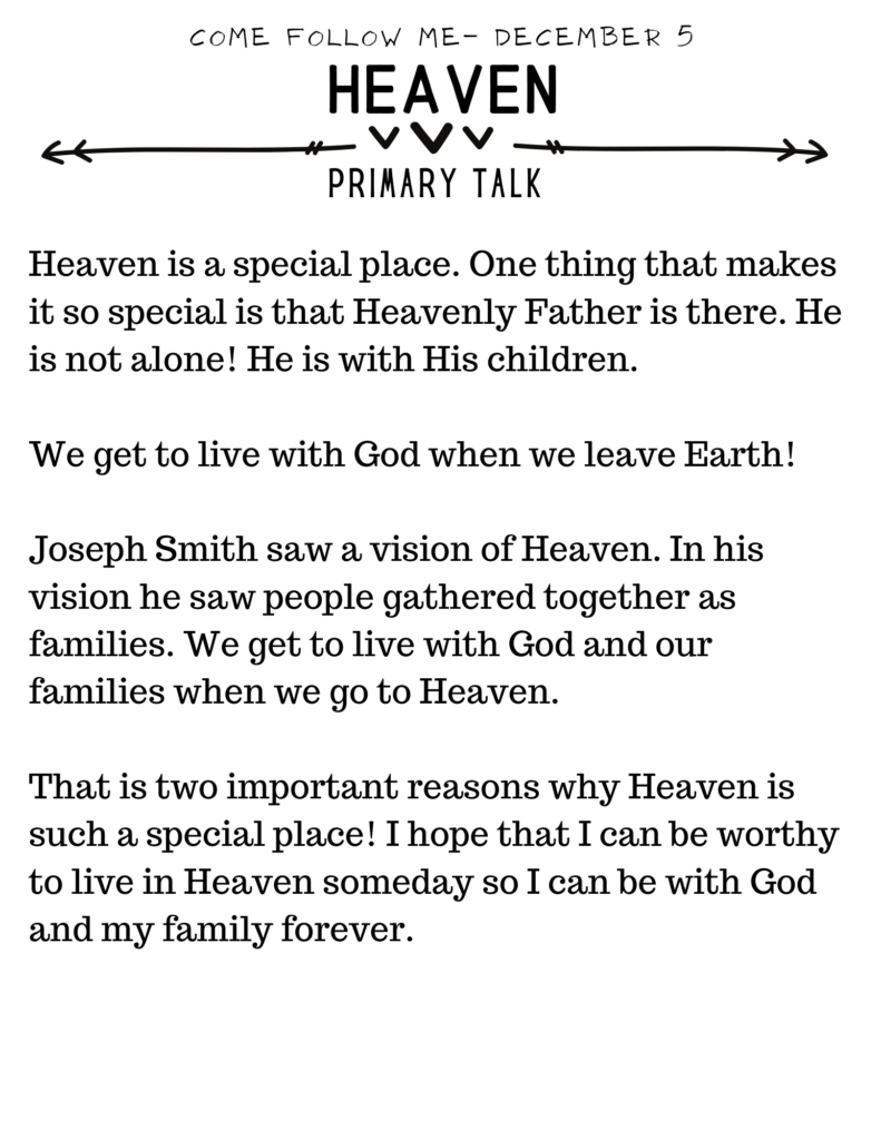 Primary Talk about Heaven #ComeFollowMe #Primary #AritclesofFaith #LDS #Jesus #God #Heaven