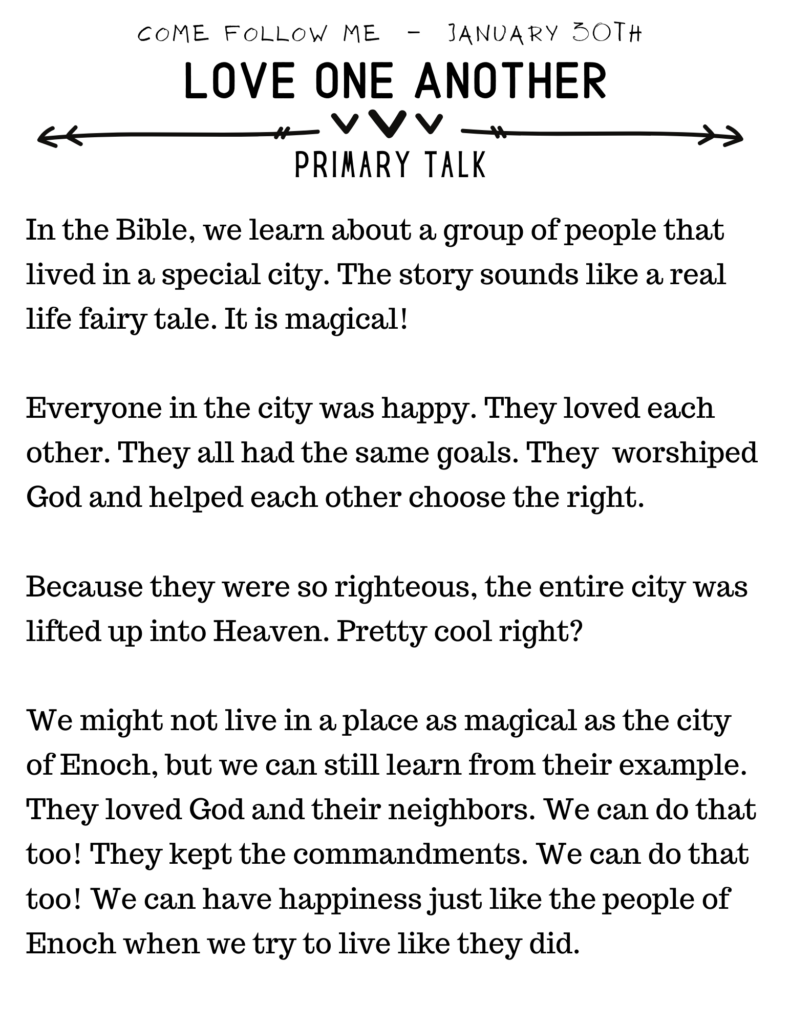 Primary Talk about the people of the city of Enoch. If we love one another and God, we can have happiness. #OSSS #PrimaryTalk #Bible #Enoch