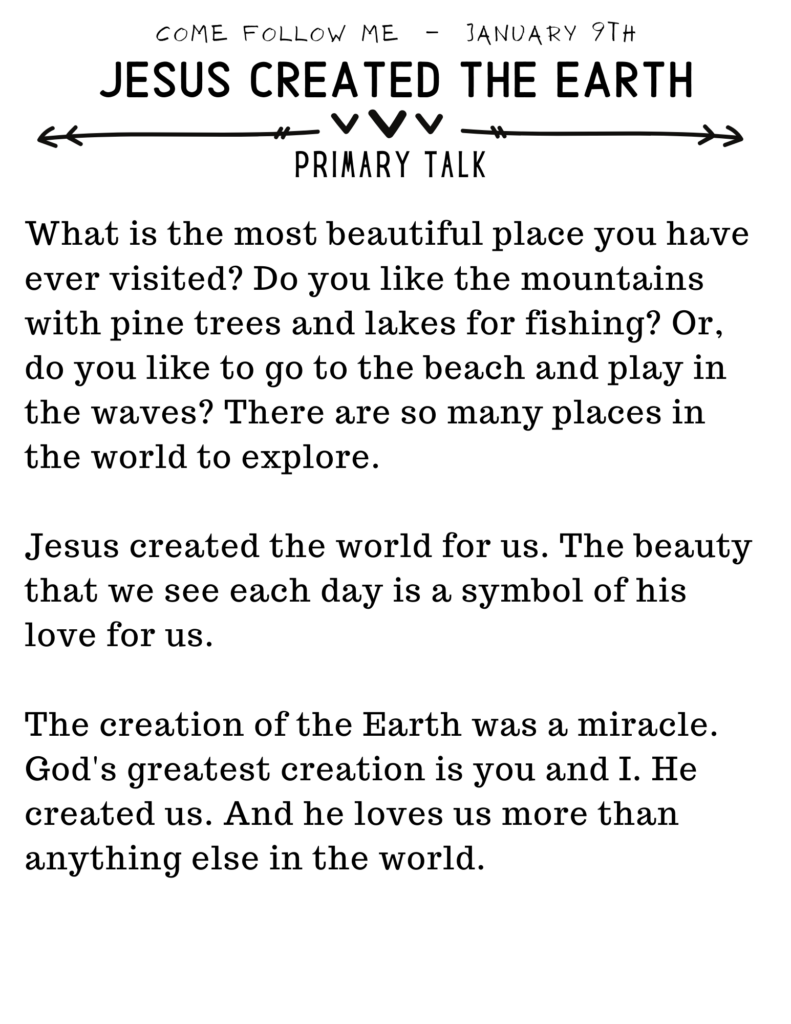 Simple Primary Talk about the Creation. Jesus created the Earth. #OSSS #Creation #PrimaryTalk #LDS #Printable 
