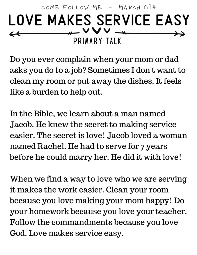 Love Makes Service Easy Primary Talk for Children #OSSS #LOVE #SERVICE #COMEFOLLOWME 