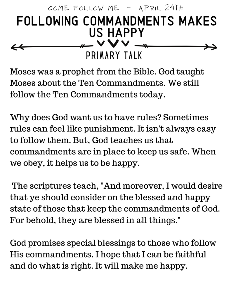 Primary Talk about Following the Commandments #OSSS #PrimaryTalk #Commandments #ComeFollowMe