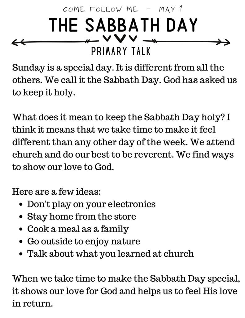 Easy Primary Talk about keeping the Sabbath Day Holy. #OSSS #SabbathDay #PrimaryTalk #ComeFollowMe