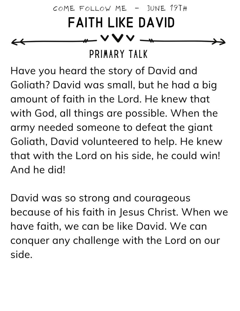 Primary Talk about how we can have Faith Like David! #PrimaryTalk #OSSS #Faith #David #ComeFollowMe