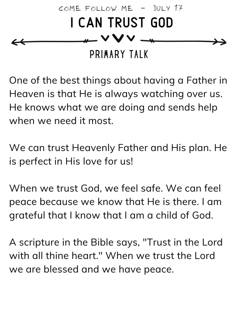 Printable Primary Talk about how when we trust God it brings peace and happiness into our lives. #OSSS #PrimaryTalk #TrustGod #PeaceInChrist