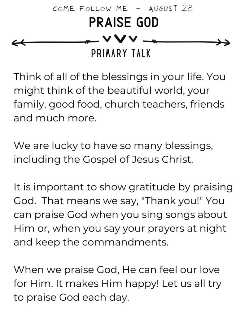Easy Primary Talk about how we show our gratitude for blessings by praising God. #OSSS #Gratitude #PrimaryTalk #PraiseGod