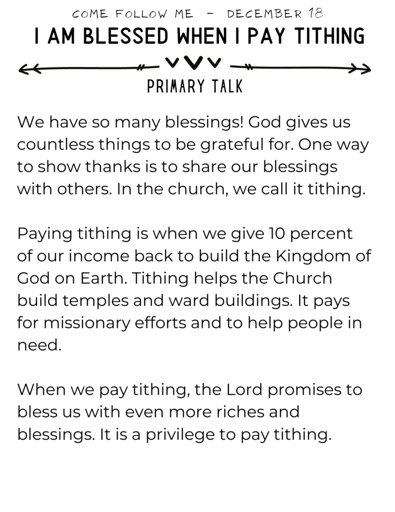 Primary Talk for kids about how paying tithing is a way to show gratitude to God for our blessings. #Tithing #GiveThanks #OSSS #PrimaryTalk 