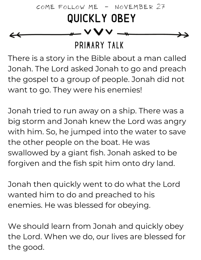 Simple Primary Talk about the story about Jonah in the Bible. We should quickly obey the things the Lord commands. #Jonah #BibleStories #Obey #PrimaryTalk #OSSS