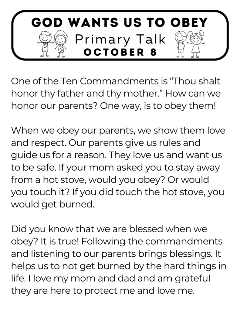 Simple Primary Talk about how children are blessed when they obey their parents. #Obedience #OSSS #PrimaryTalk #Honor