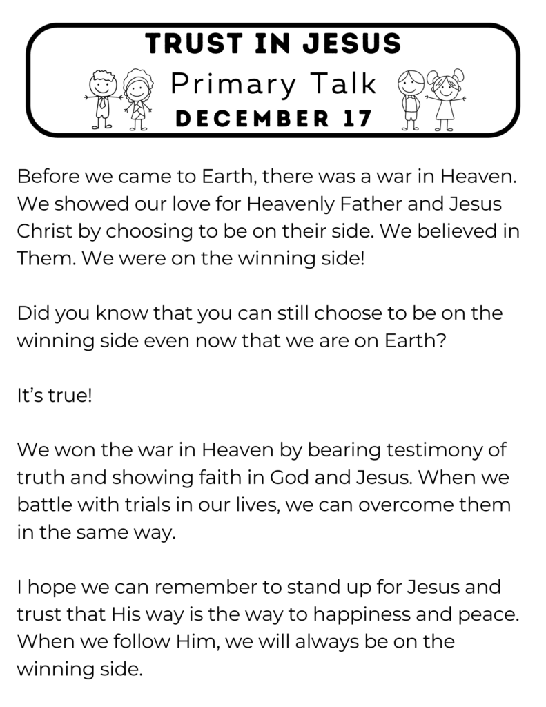 This printable primary talk is about how when we trust in Jesus, we are on the winning side. #WarInHeaven #PrimaryTalk #OSSS #TrustJesus