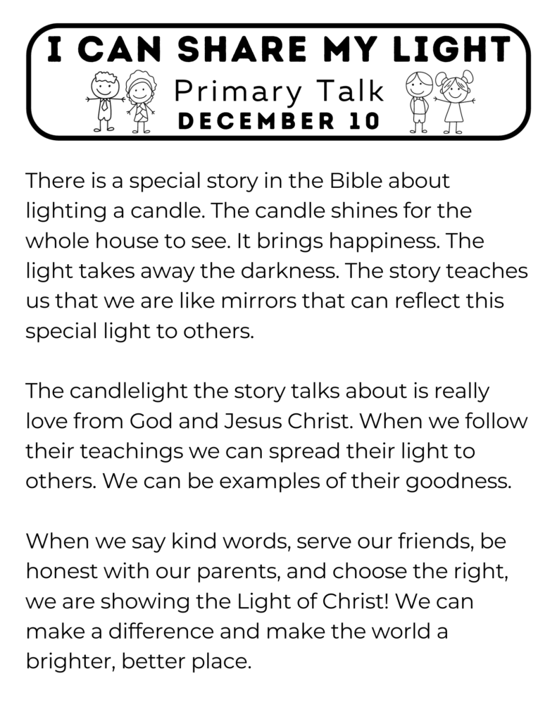 Printable Primary Talk based on the December Come Follow Me lessons for children. #LightofChrist #PrimaryTalk #OSSS #LightTheWorld