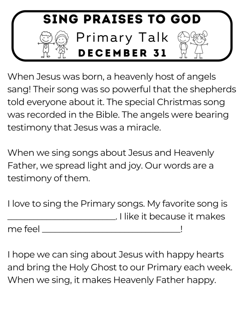 Printable Primary Talk about how when we sing songs about Jesus it builds testimony and spreads the Spirit. #Hymns #SongsofPraise #OSSS #PrimaryTalk