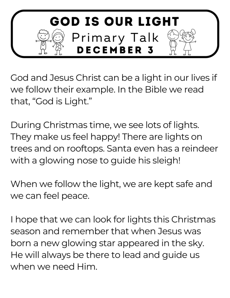 Printable Primary Talk about how God is our light. When we reflect His light it brings joy to others. #PrimaryTalk #OSSS #GodisLight