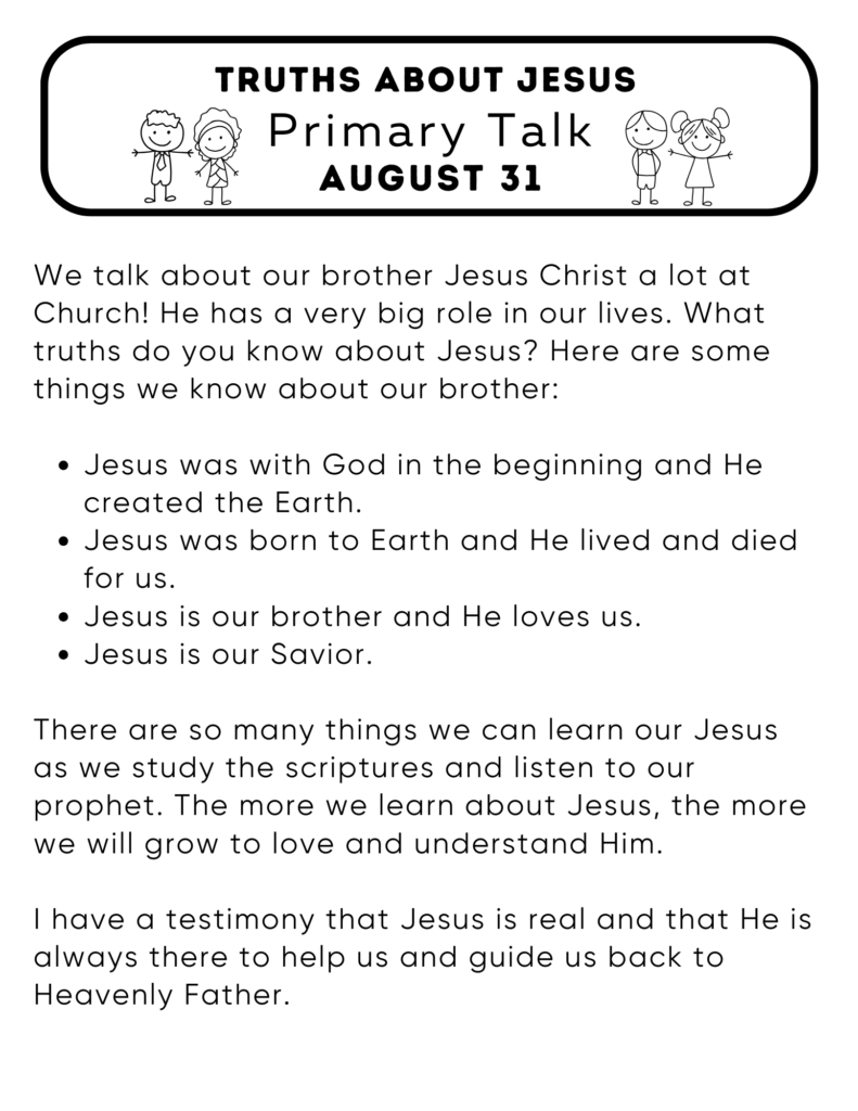 Primary Talk about things we know about Jesus Christ. #Jesus #OSSS #Truth