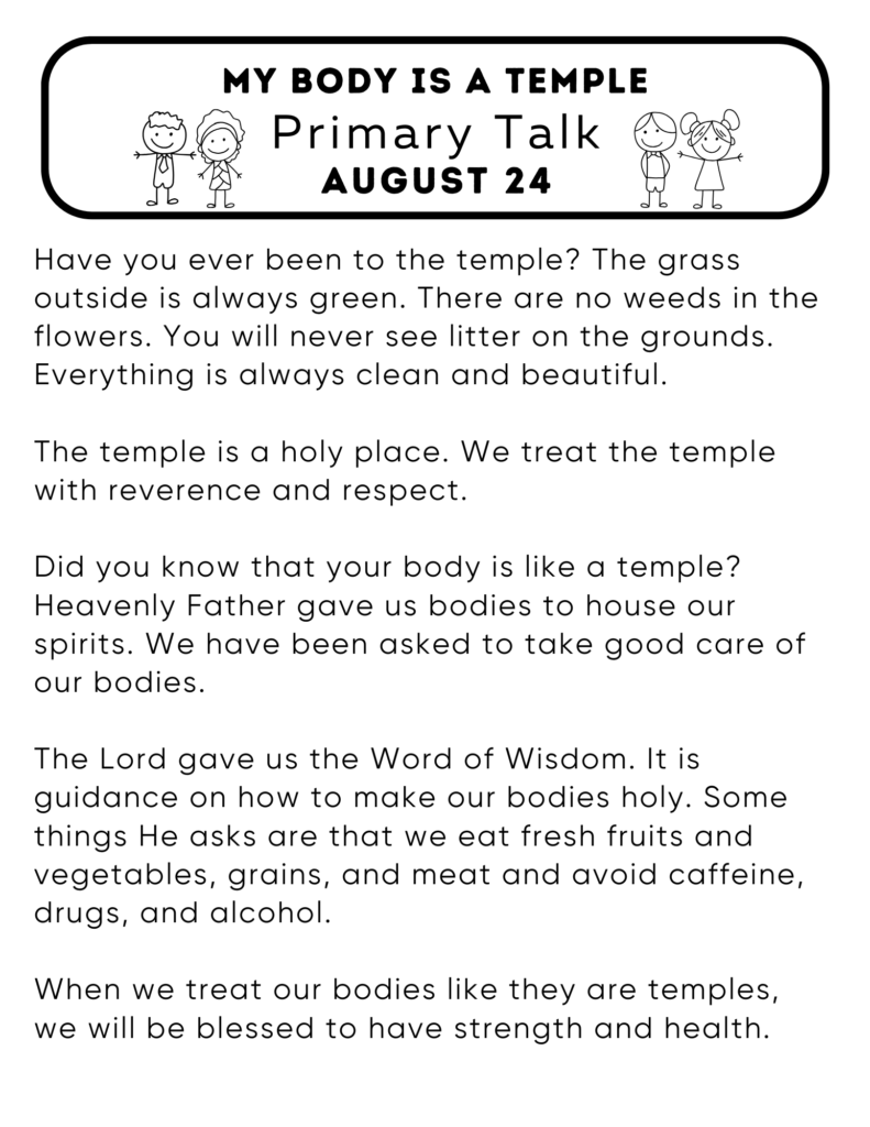 Primary talk about how our bodies are like temples and we should treat them with respect. #Temple #WordofWisdom #OSSS