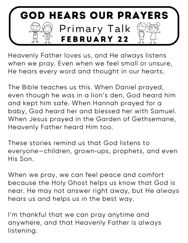 Simple primary talk about how God listens to our prayers and is always there for us. #OSSS #Prayer #PrimaryTalk 
