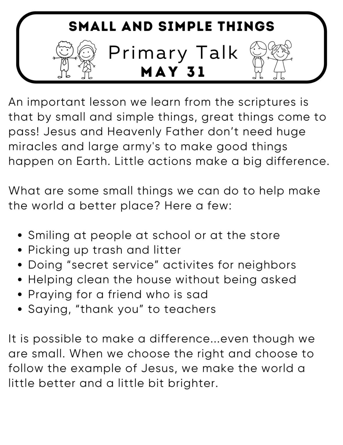 Small Stuff Prin6table Free Printable Primary Talks for Kids - May 2026 Come Follow Me Topics ...