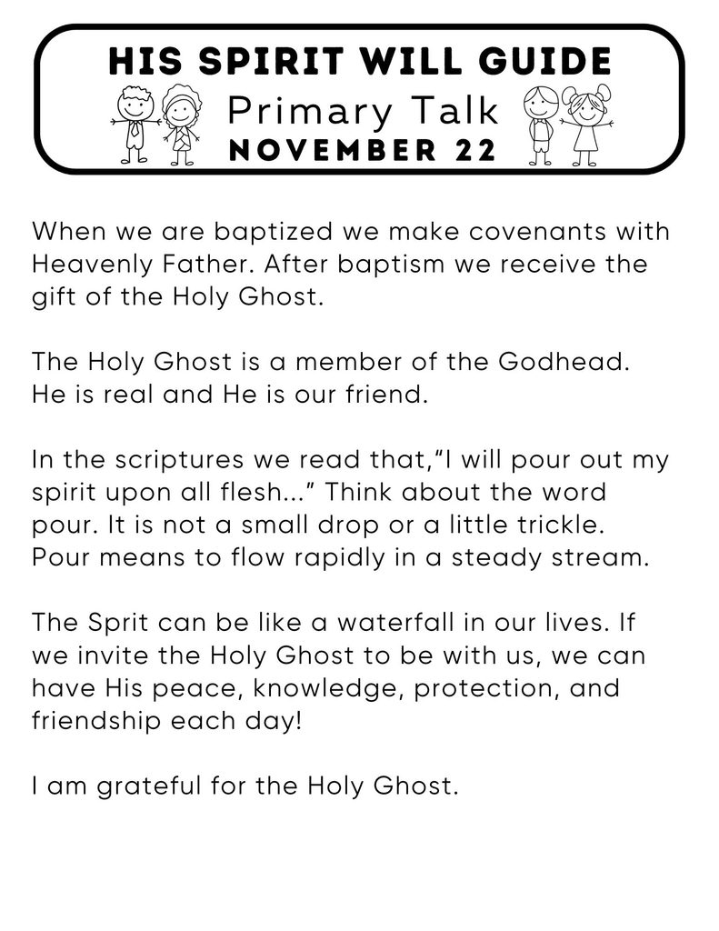 Primary Talk about how the Holy Ghost will guide us.